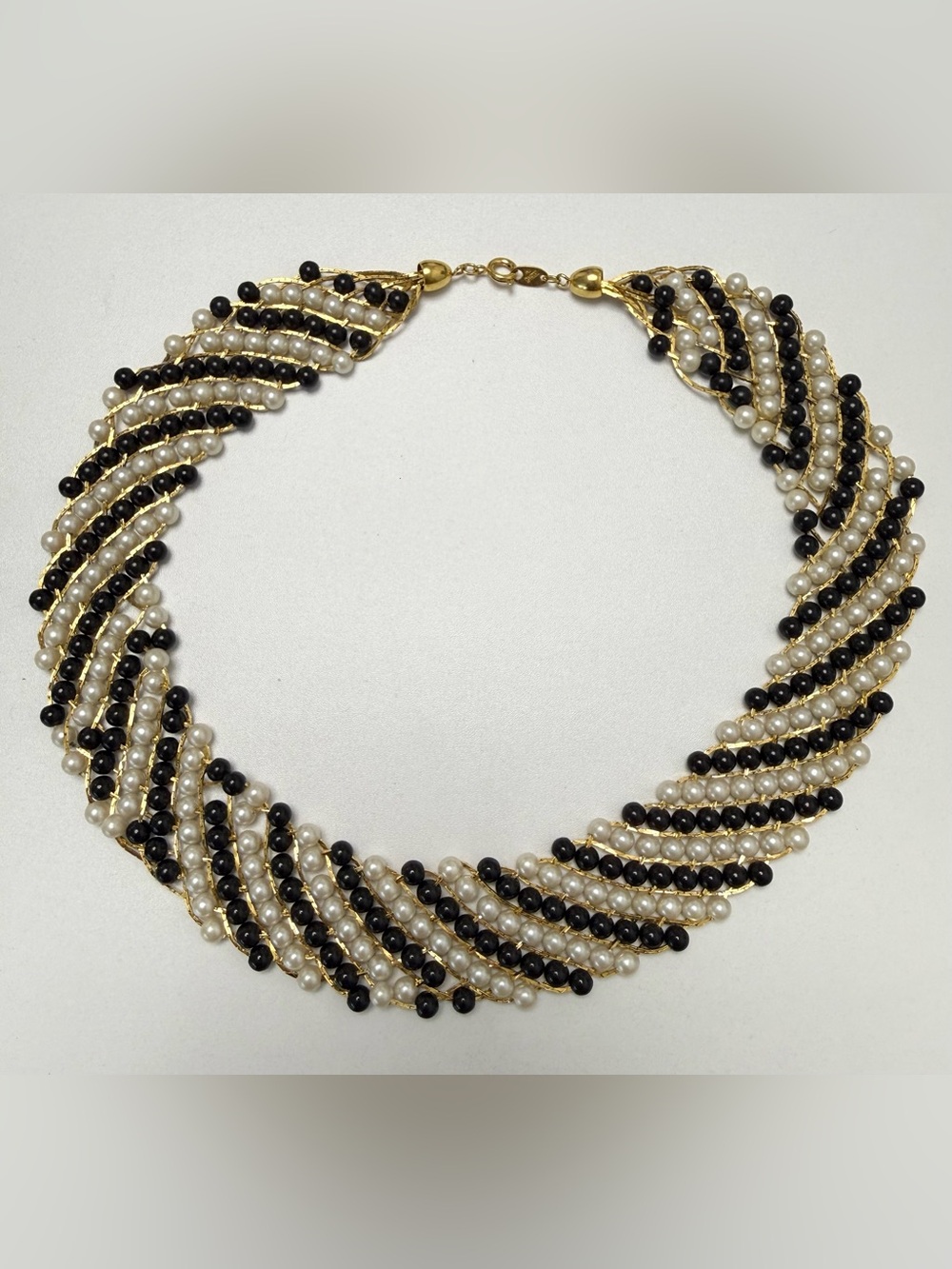 RARE Vintage Trifari Woven Gold Tone Black White Pearl Bead Bib Collar Necklace
